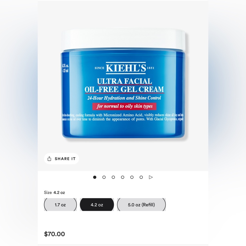 Kiehl's ✨New✨ Ultra Facial Oil-Free Gel Cream💙 4.2 oz size!
